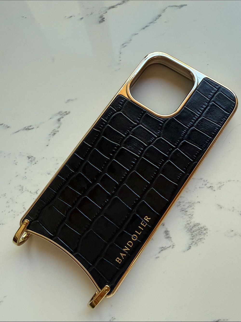 Bandolier Black Crocodile-Embossed Phone Case IPHONE 15 ProMax Gold Hardware - Picture 3 of 10